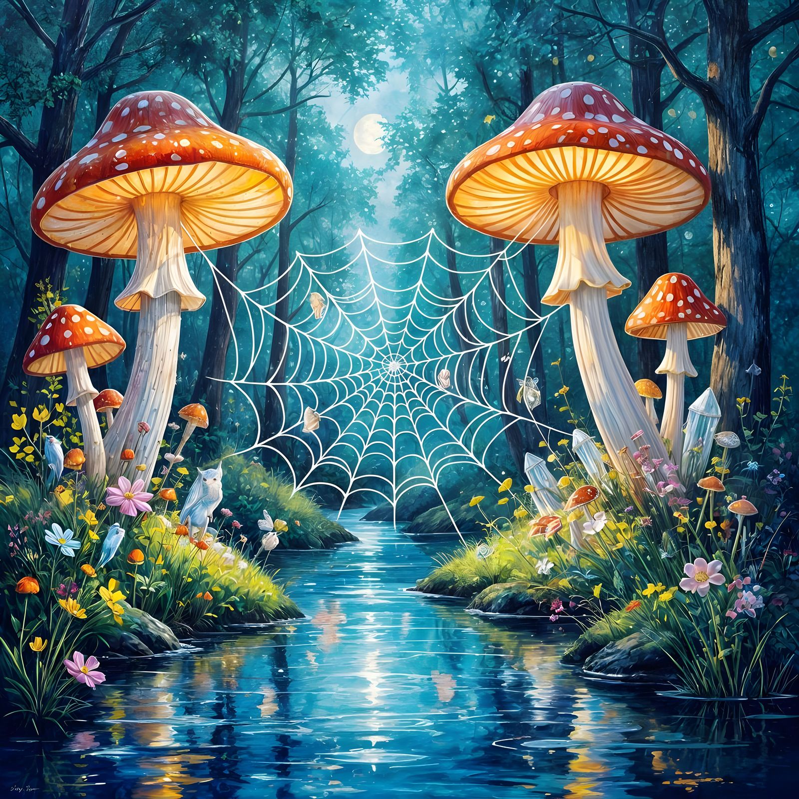 Luminous Spiderweb in Enchanted Forest, Gouache Style