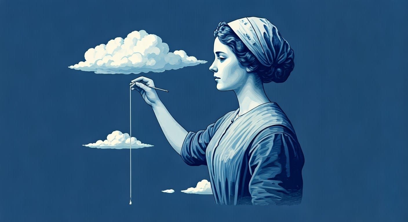 Woman Measuring Clouds in Psychedelic Art Nouveau Style