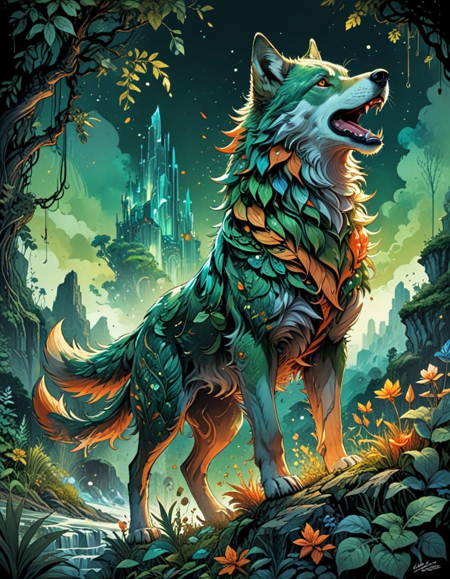 Whimsical Green and Orange Fantasy Landscapes with Plant-Wol...