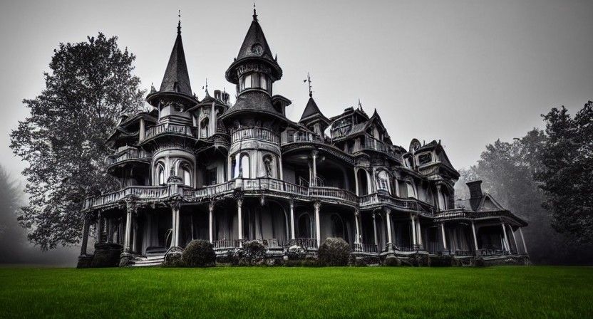 Eerie Victorian Haunted Mansion in Fog, Queen Anne Style