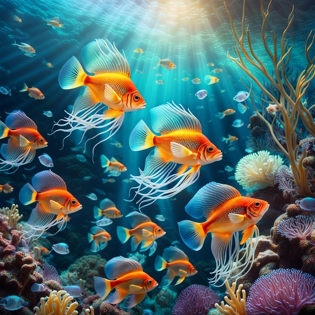 Iridescent Glass Fish in Crystal Coral Reef