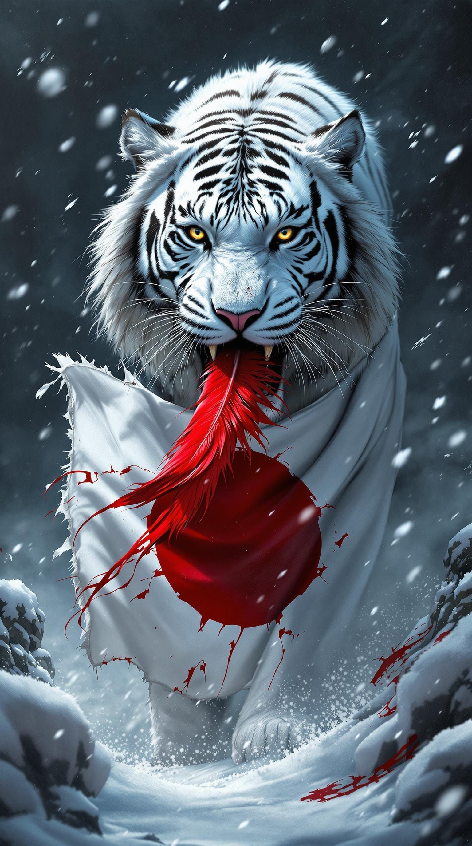 Majestic White Tiger Embracing Winter Night in Dramatic Cont...