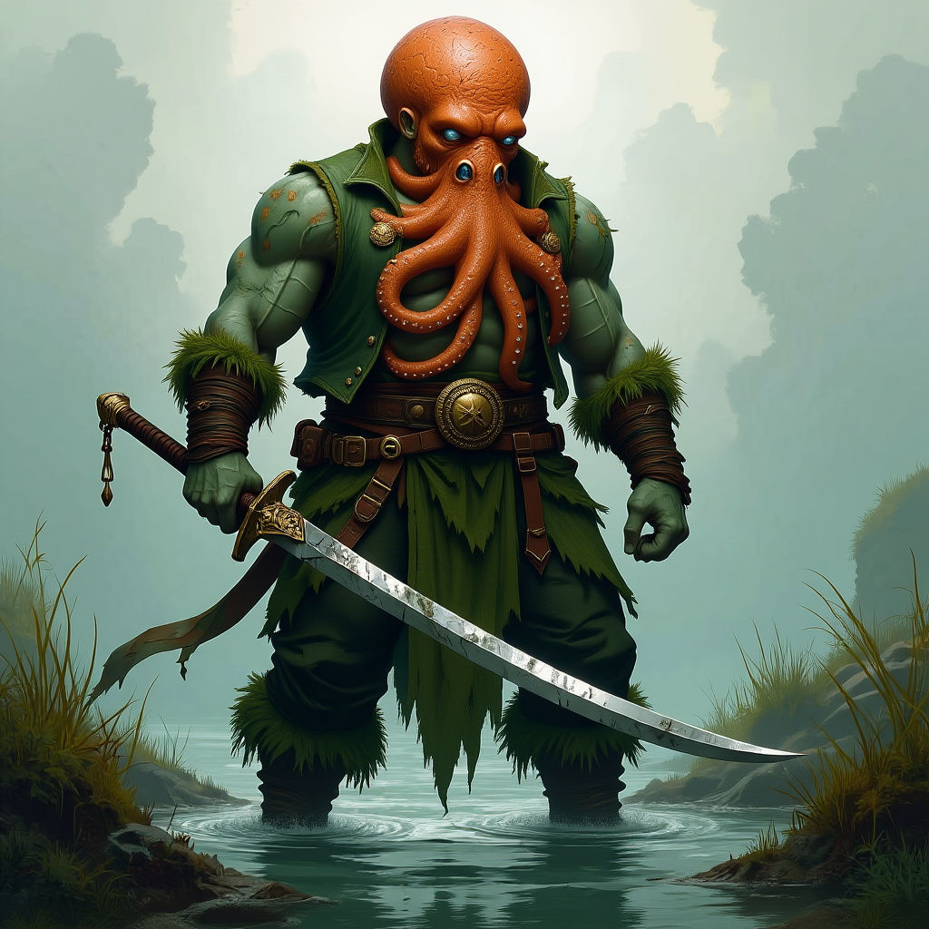 Muscular Aquatic Humanoid Wielding Cutlass