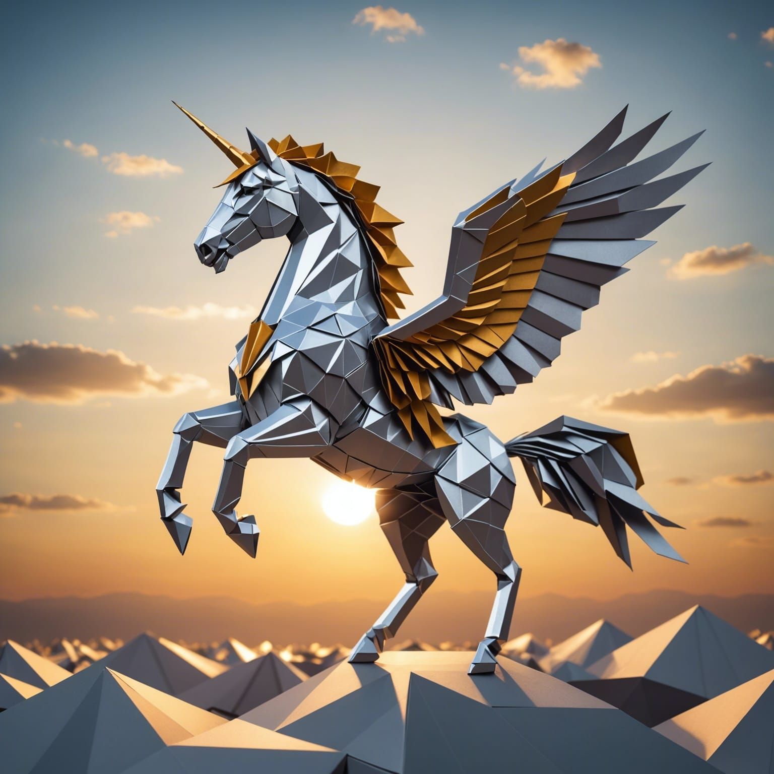 Surreal Origami Pegasus Takes Flight in Sunset Sky