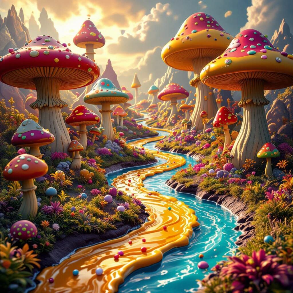 Whimsical Candy Land with Chocolate Rivers and Mushrooms