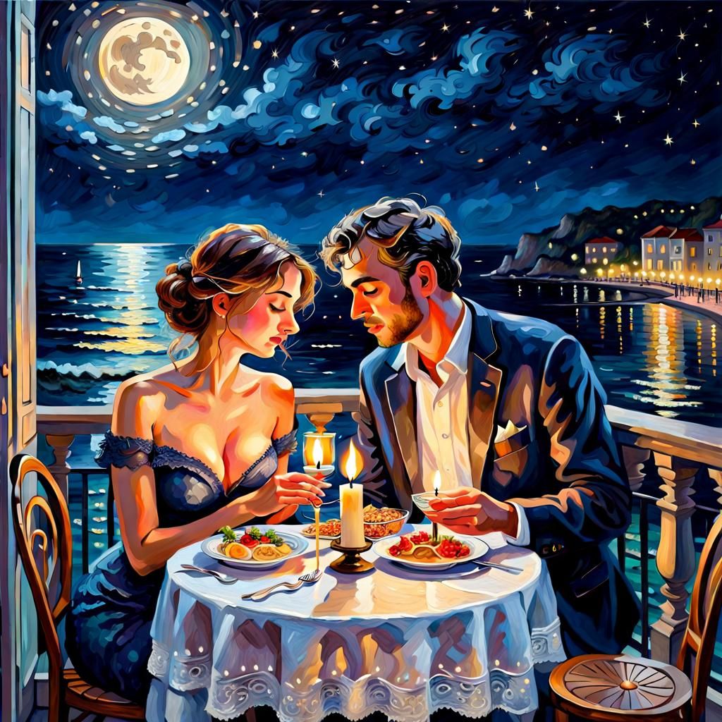 Romantic Seaside Dinner in Neo-Impressionist Style