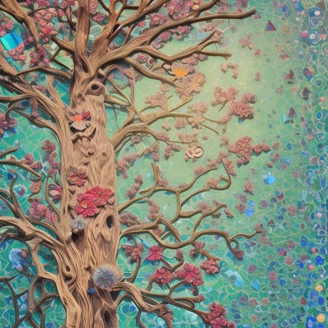 Detailed Oak Tree in Paper Cut Collage