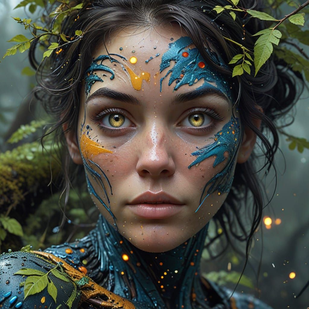 Serene Face with Tree Eyebrow and Galaxy Pupil in Vibrant, E...