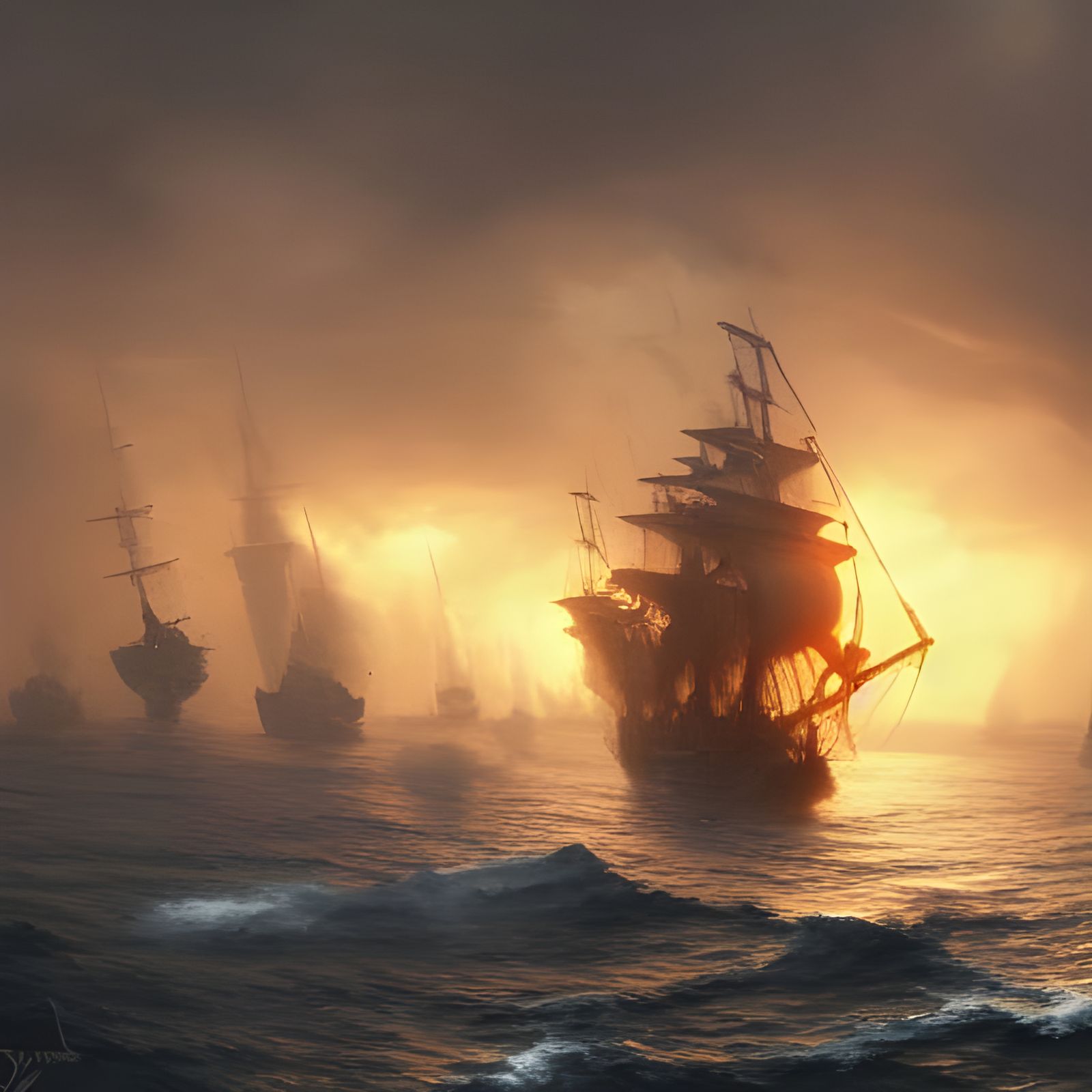 Pirate Ships in Epic Naval Battle at Sunset