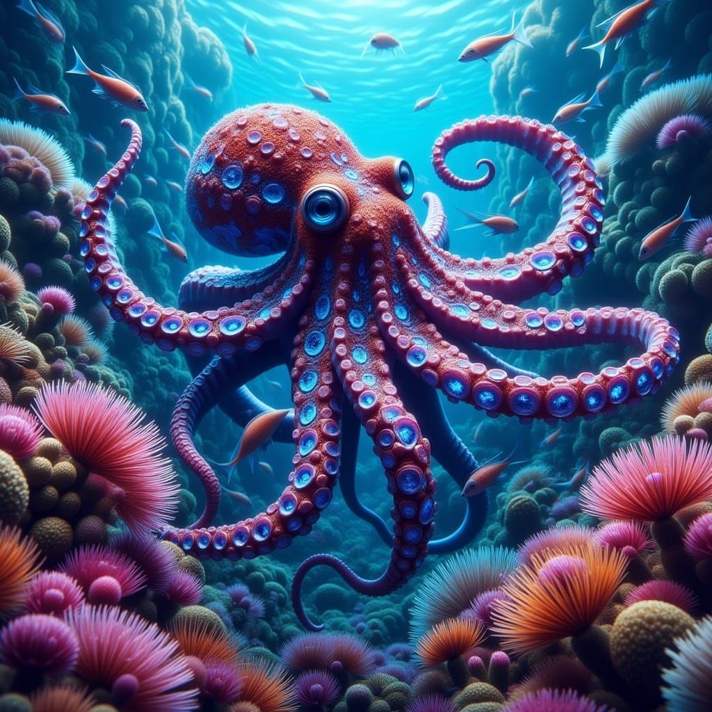 Blue-Ringed Octopus in Hyperrealistic Coral Reef