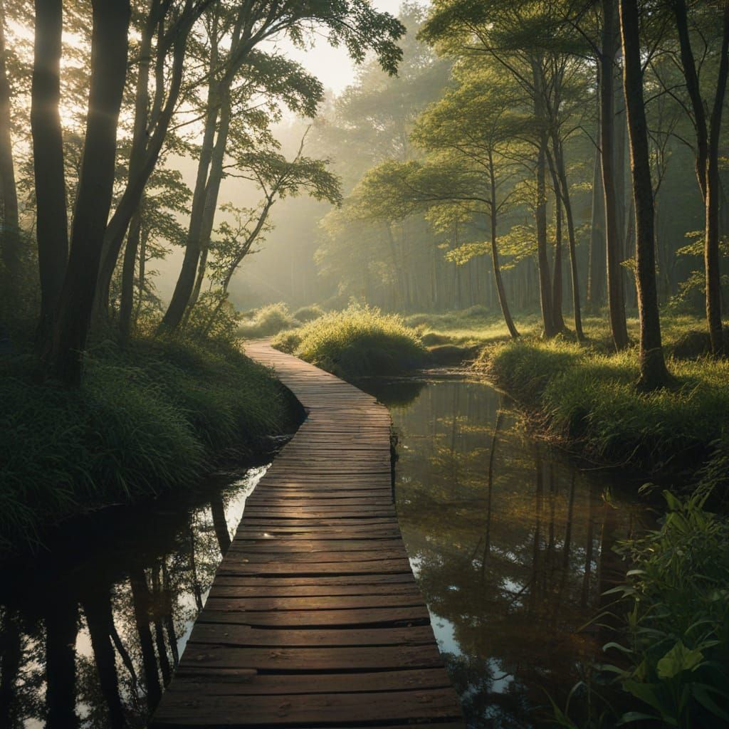 Cinematic Forest Trail and Pond in Golden Light