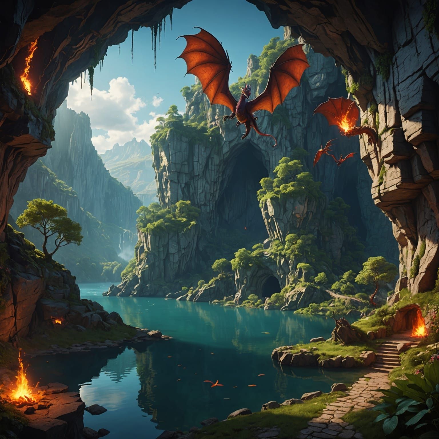 Dragon Cave by Underground Lake: Fantasy Concept Art