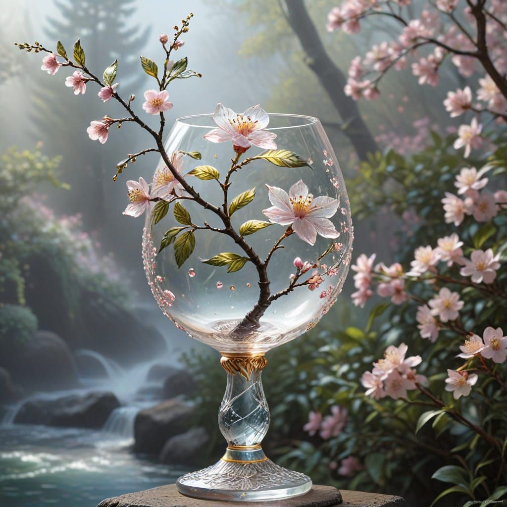 Crystal Cherry with Golden Swirls and Engraved Blossoms