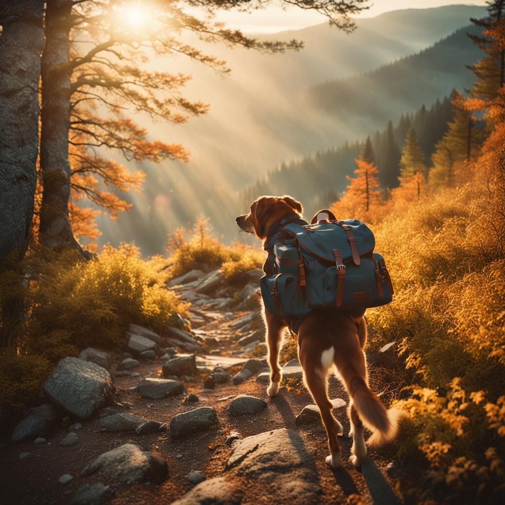 Dog on Mountain Trail with Backpack