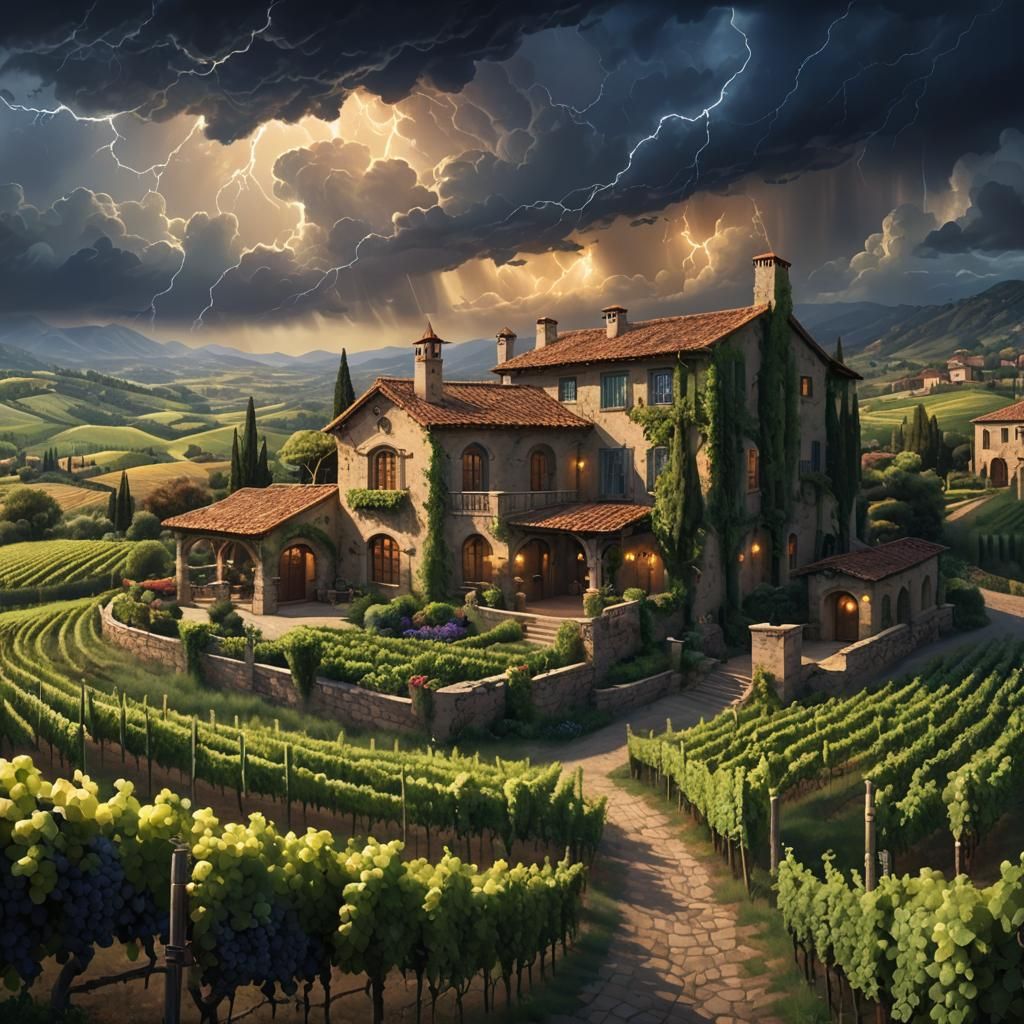Fantasy Vineyard Masterpiece in Dramatic Thunderstorm