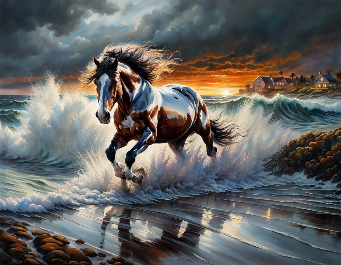 Clydesdale Horse Galloping Through Surf at Sunset