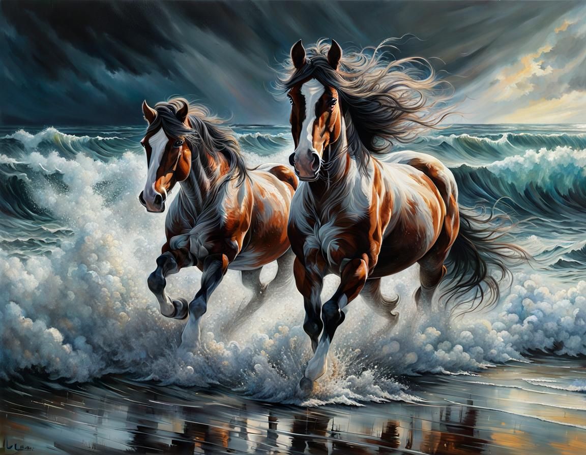 Clydesdale Horse in Surf with Crashing Waves
