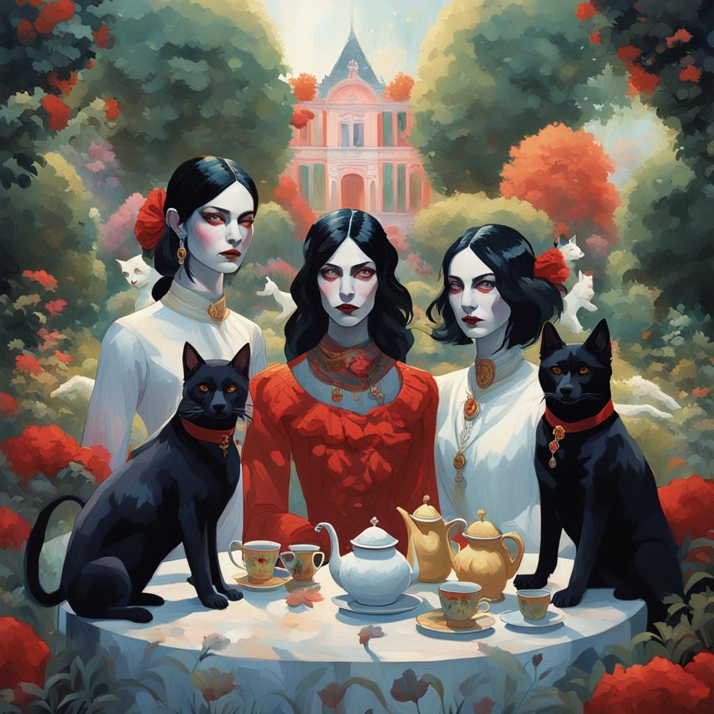 Gothic Goddesses Villa Garden Scene in Vibrant Concept Art