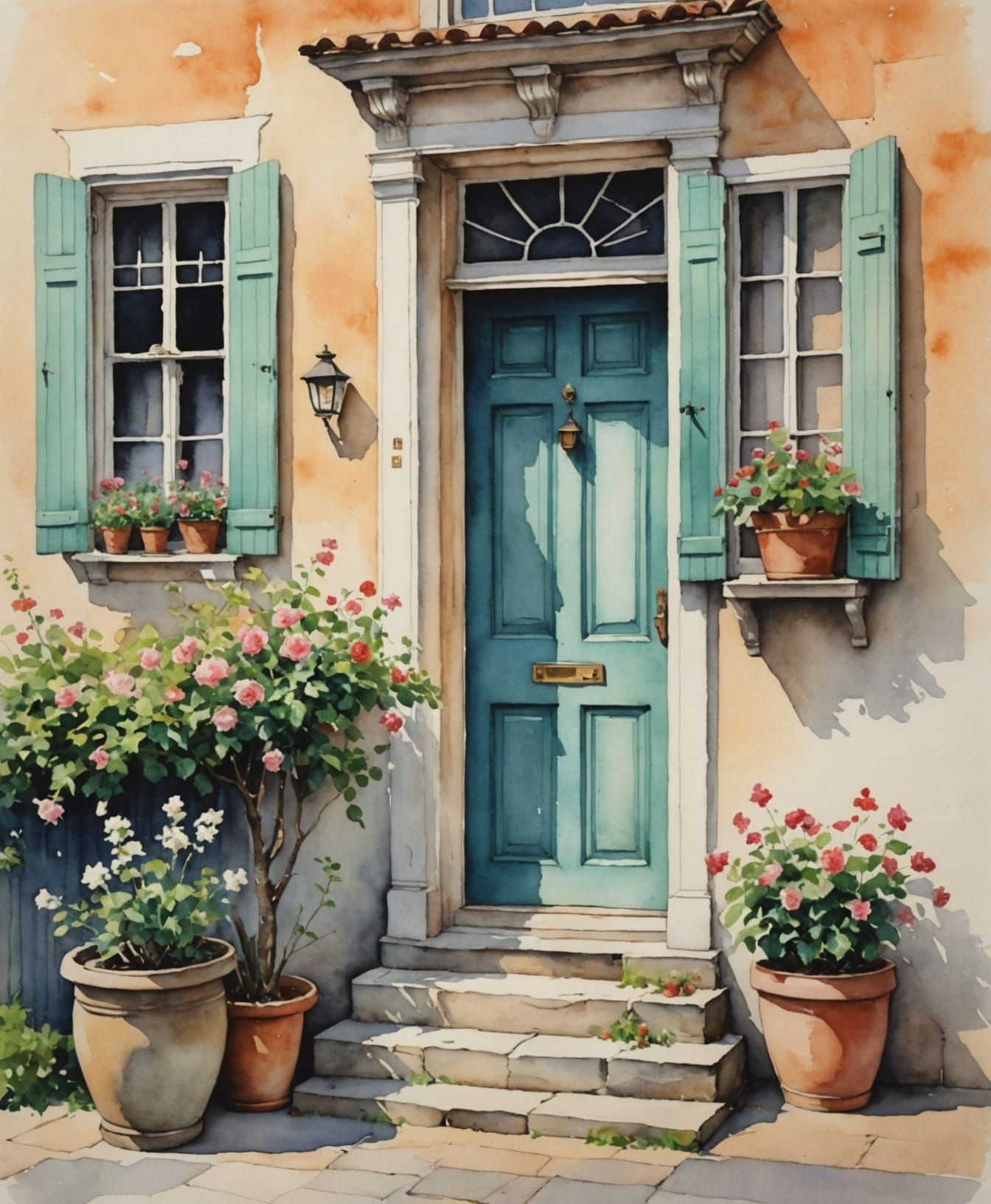 Watercolor Whimsy: Charming Old Door with Lantern and Bloomi...