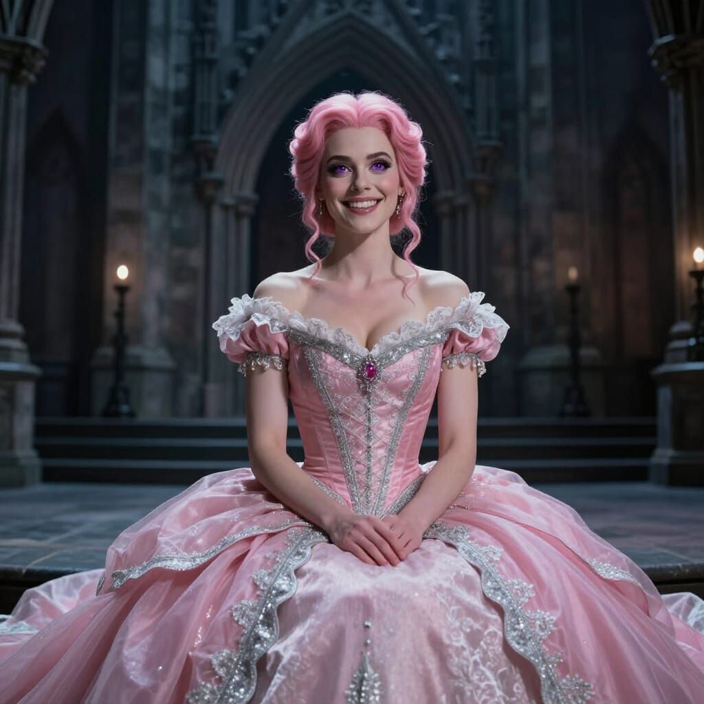 Pink Haired Woman in Gothic Castle Ball Gown
