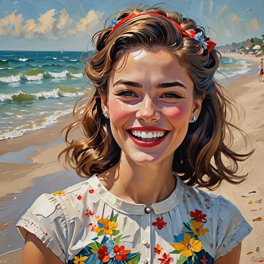 Laughing Girl in Colorful 50s Impasto Painting