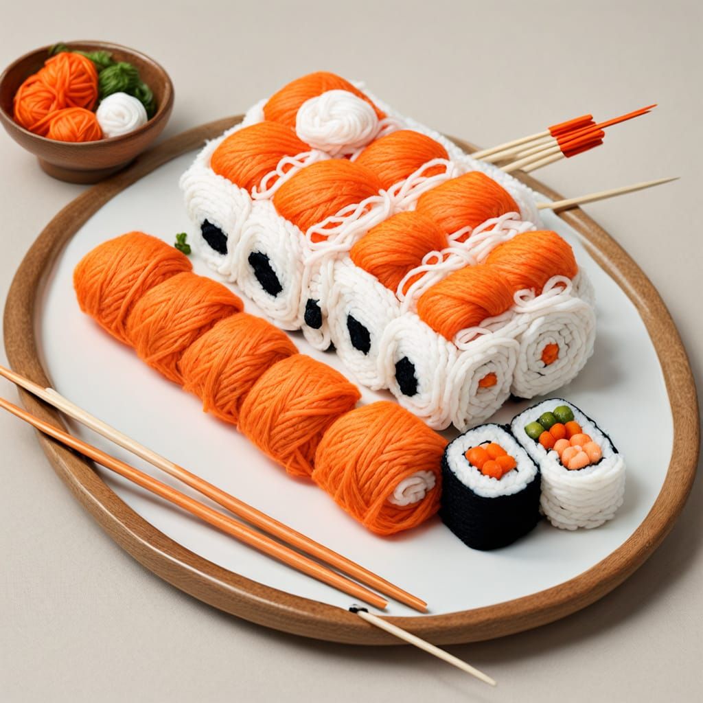 “Yarn Sushi: Grandma’s Secret Recipe”:Hyperrealistic sushi platter made entirely of yarn. Salmon roll is bright orange t...