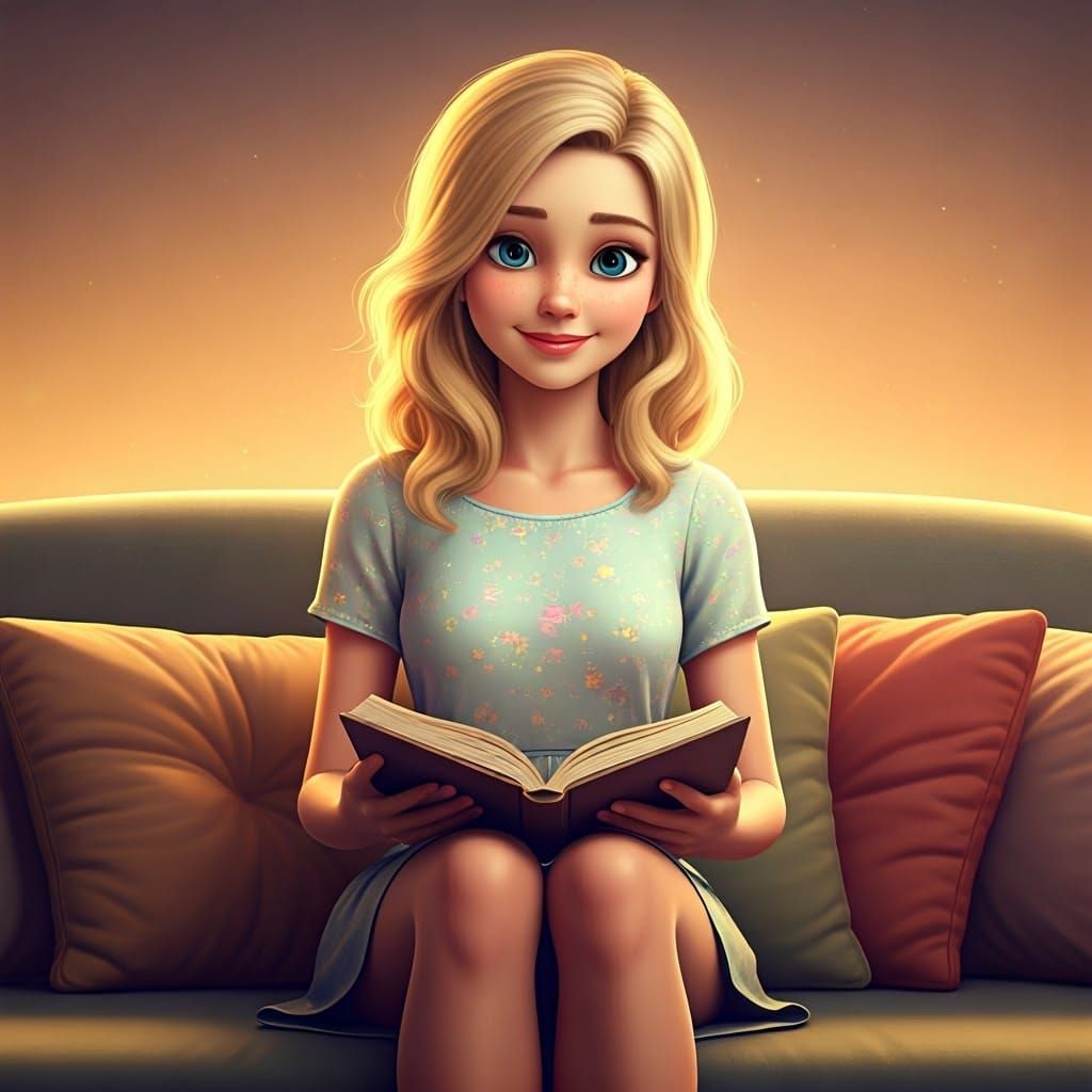 Serenely Reading Woman in Pastel Dress