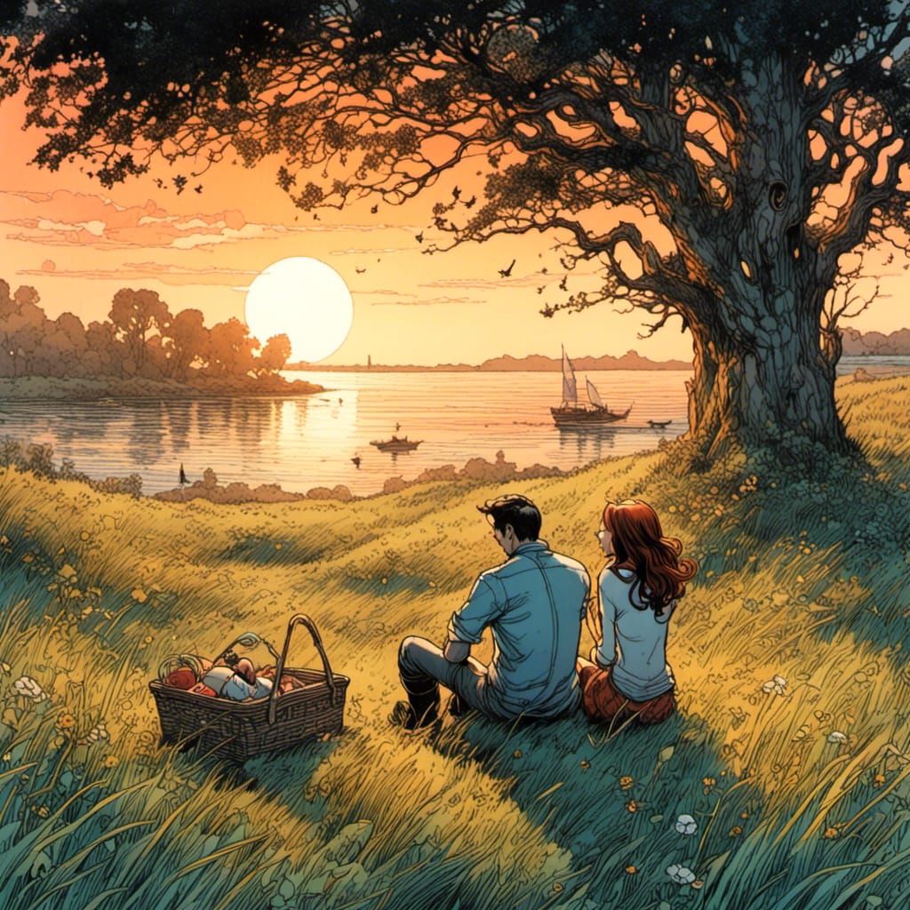 Romantic Sunset Picnic in Comic Book Style