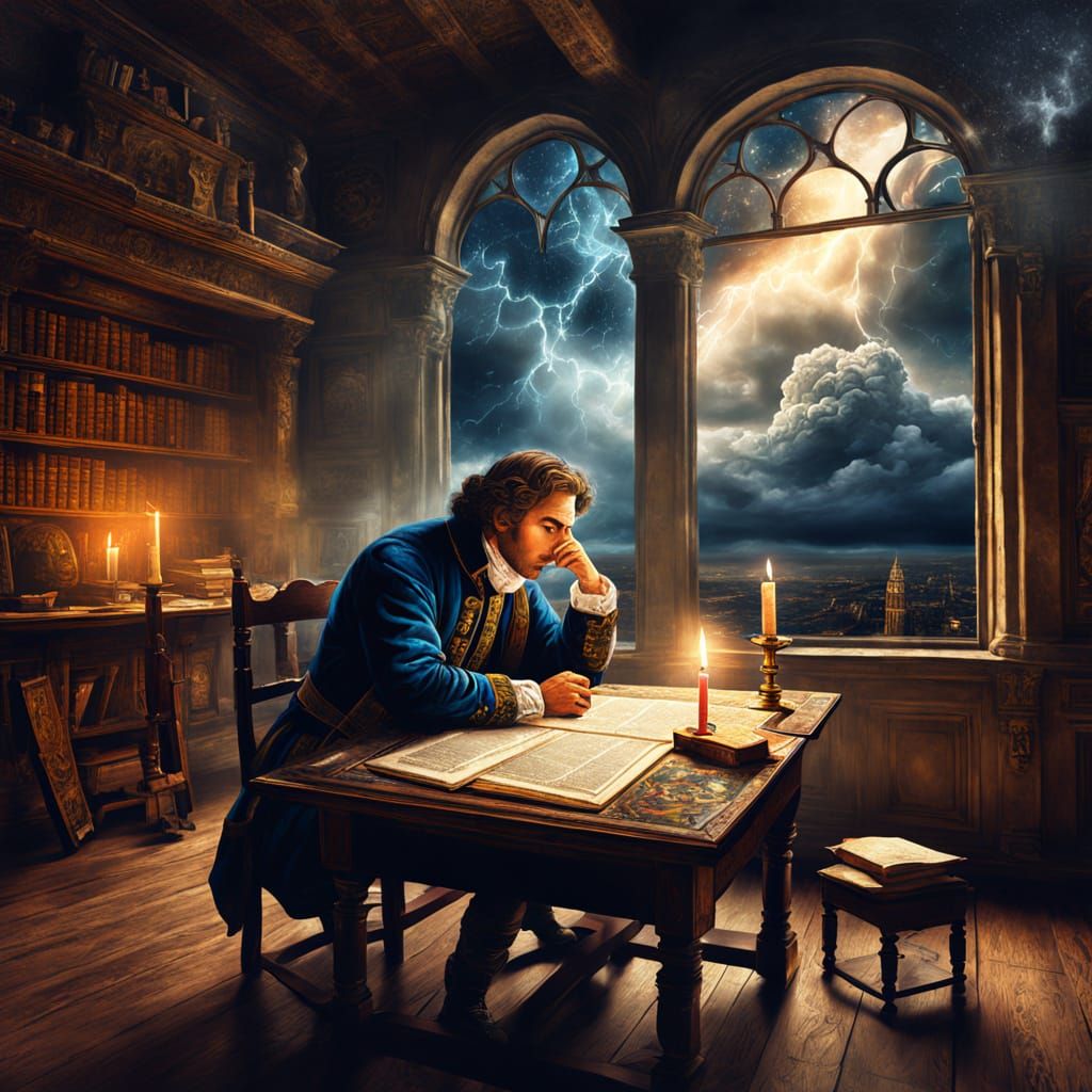 Contemplative Man in Storm, Astral Cosmic Illustration