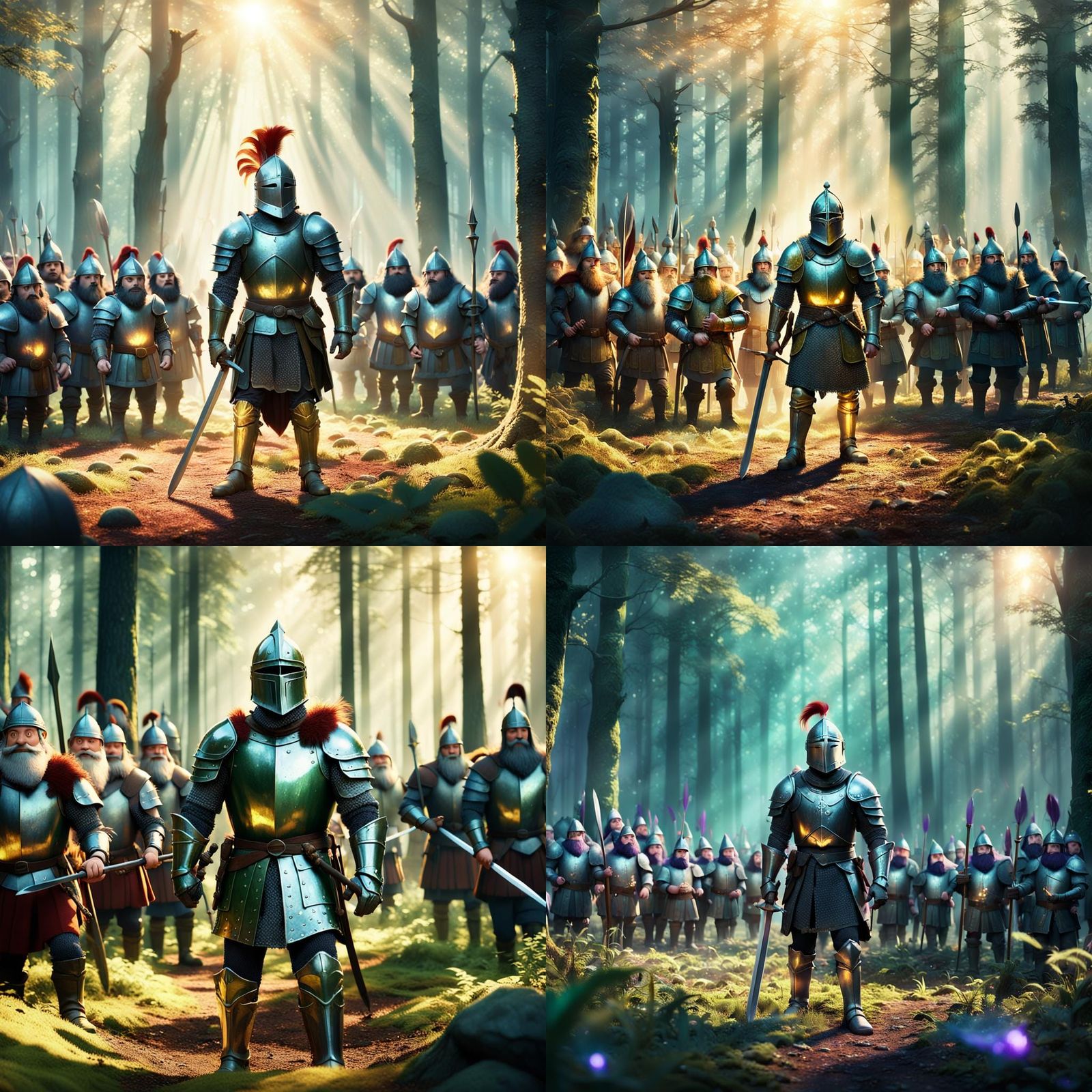 Knight and Dwarves in Forest Clearing: 3D Digital Art