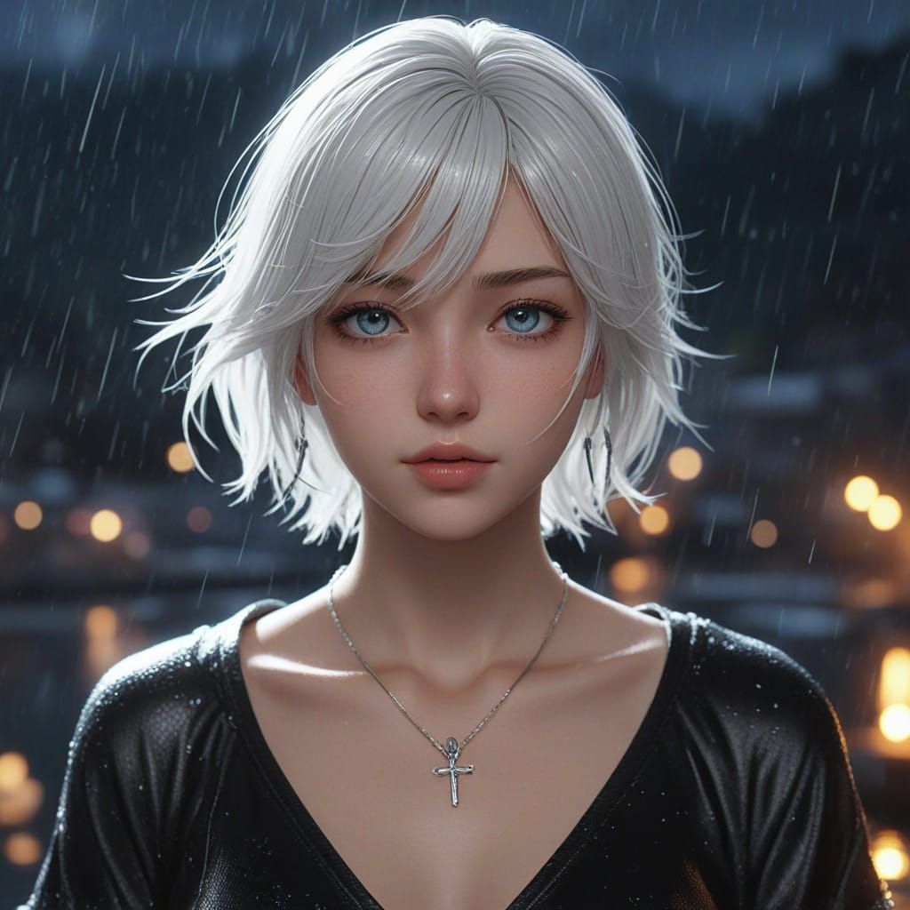 Mystical Young Woman Shines Under Midnight Rain