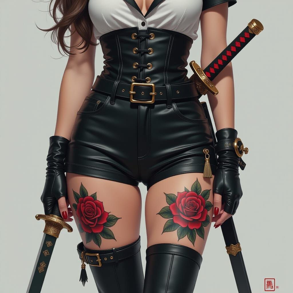 Woman with Rose Tattoo and Katana in Moody Aesthetic