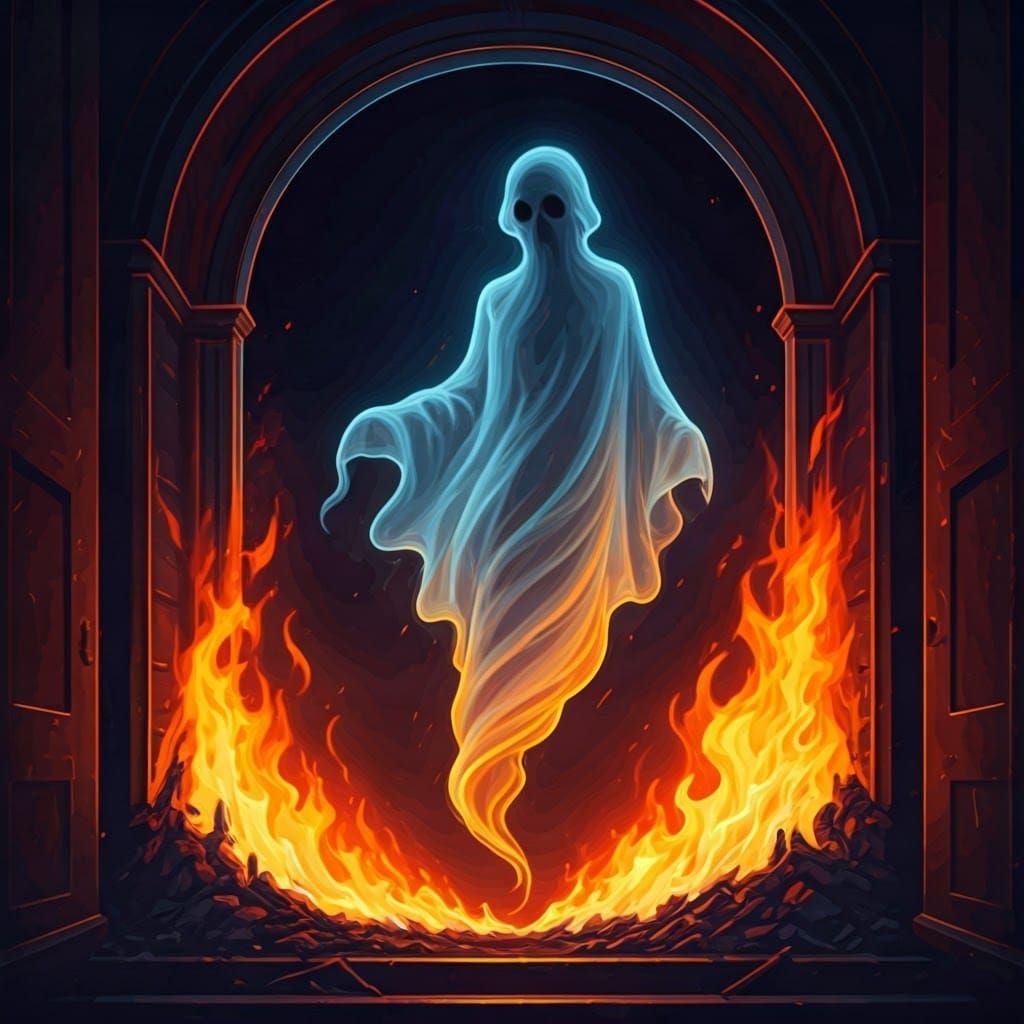 Ethereal Ghost Through Flaming Doorway in Surreal Style