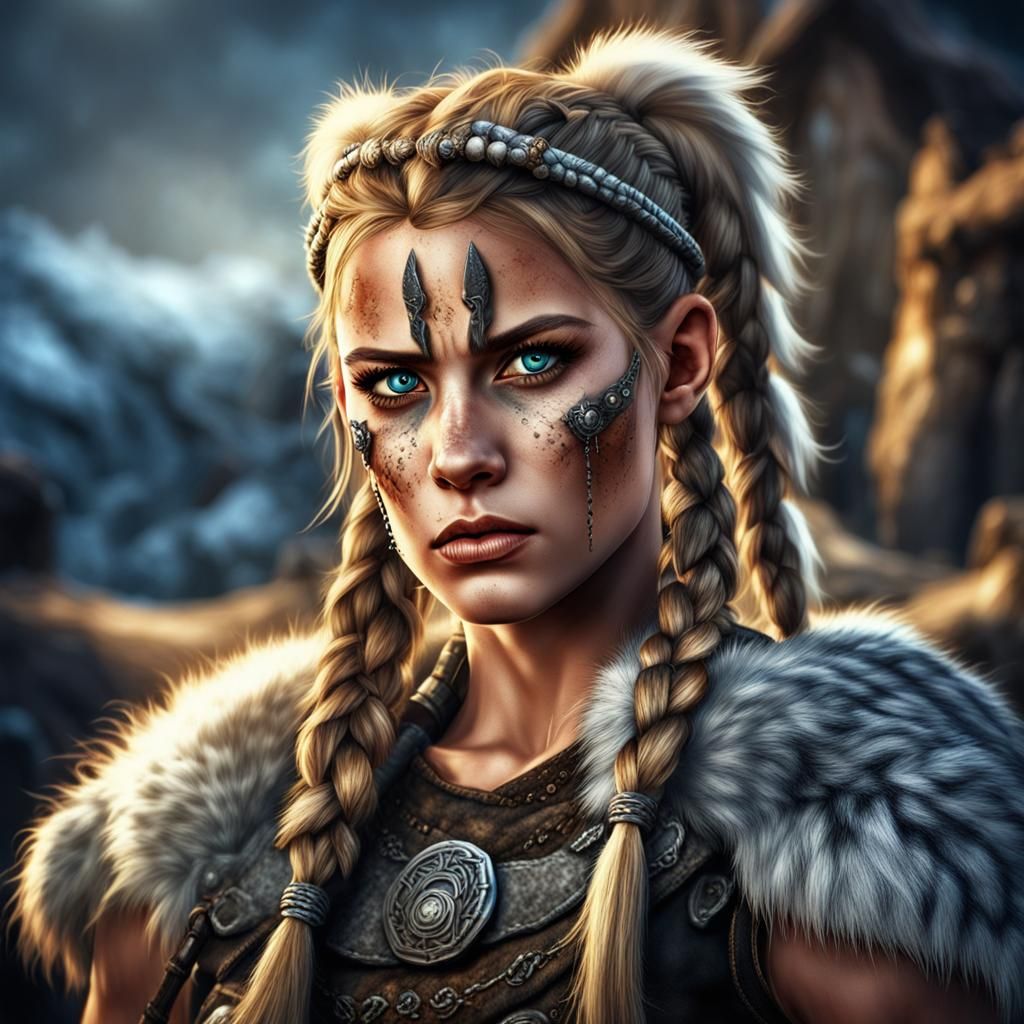 Photorealistic portrait of a stunning female barbarian.