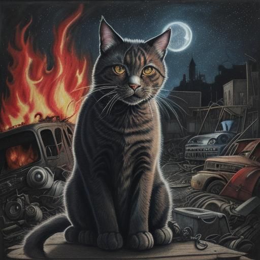 Hyperdetailed Charcoal Drawing of Red Cat in Junkyard