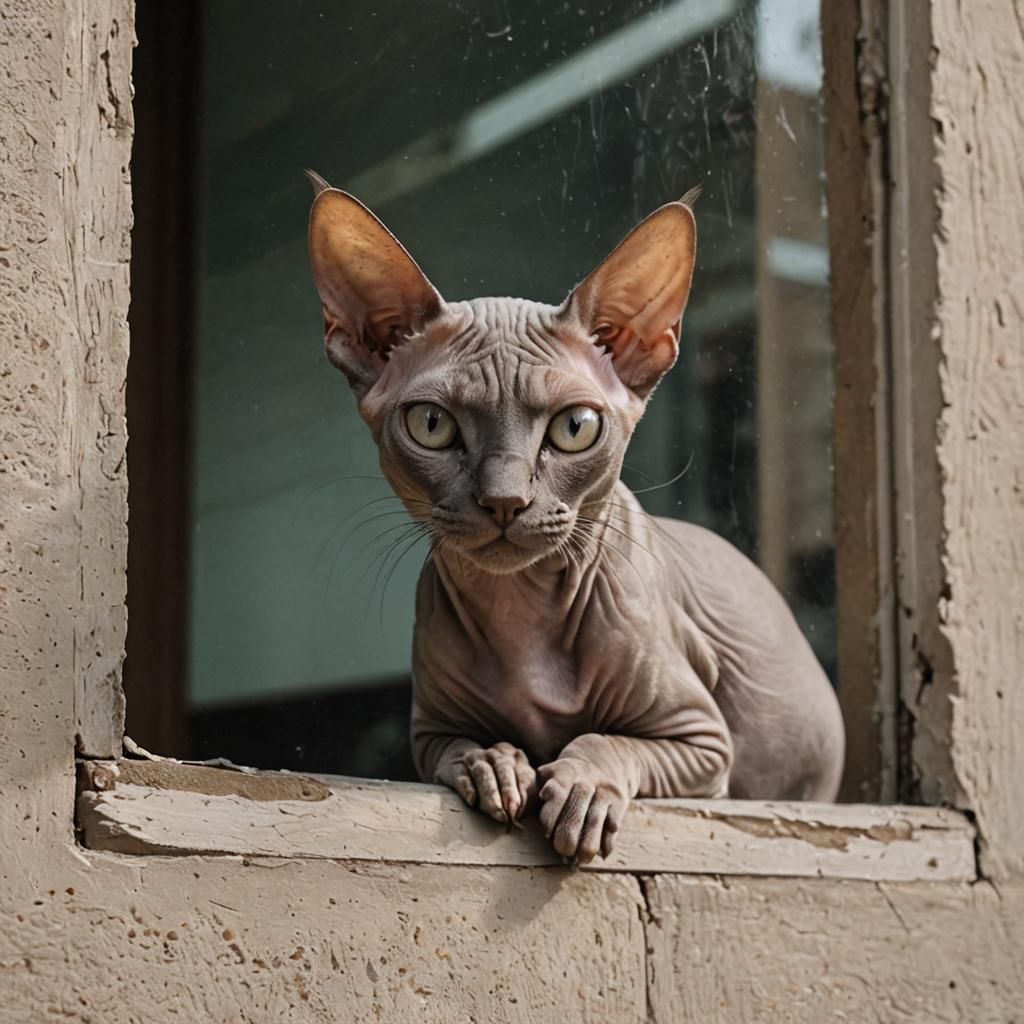 Sphinx Cat Gazing Through Window