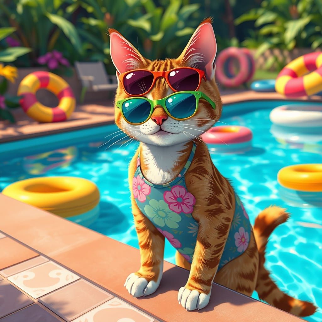 Vibrant Cat Dives into Summer Fun