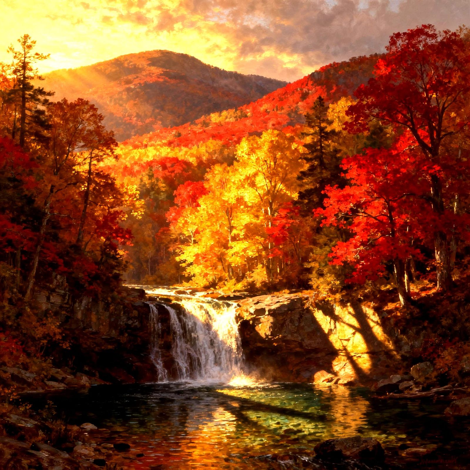 Vivid Autumn Mountain Landscape Painting in New York