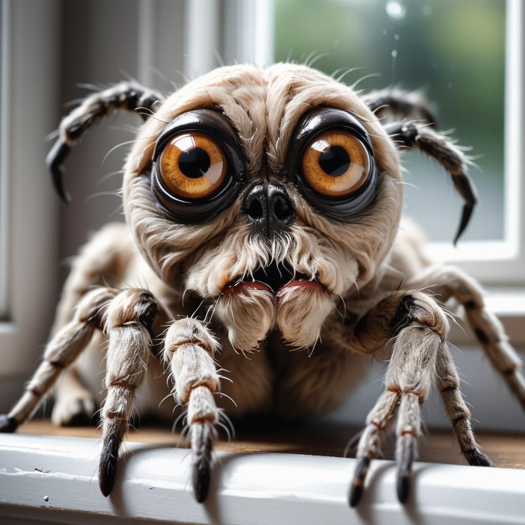 Close-up of Frowning Dog with Spider