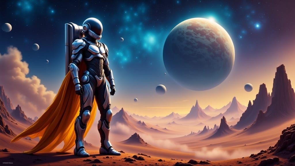 Heroic Astronaut Gazing at Distant Planets in Hyper-Realisti...