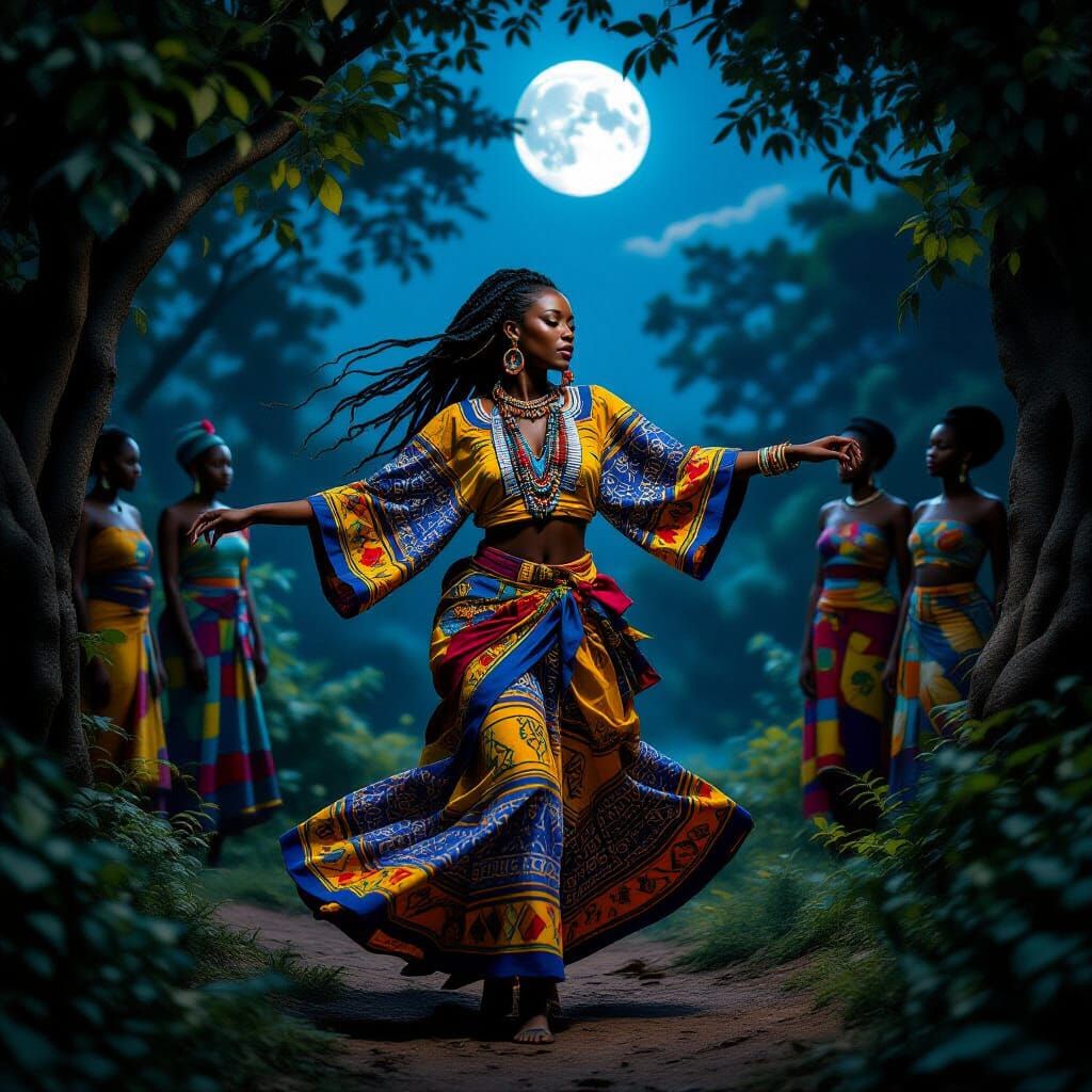 African Woman's Moonlight Dance: Surreal Igbo Art