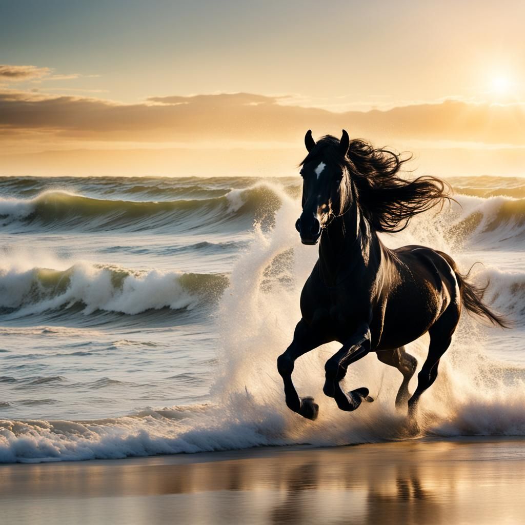 Black Horse Galloping on Beach at Sunset