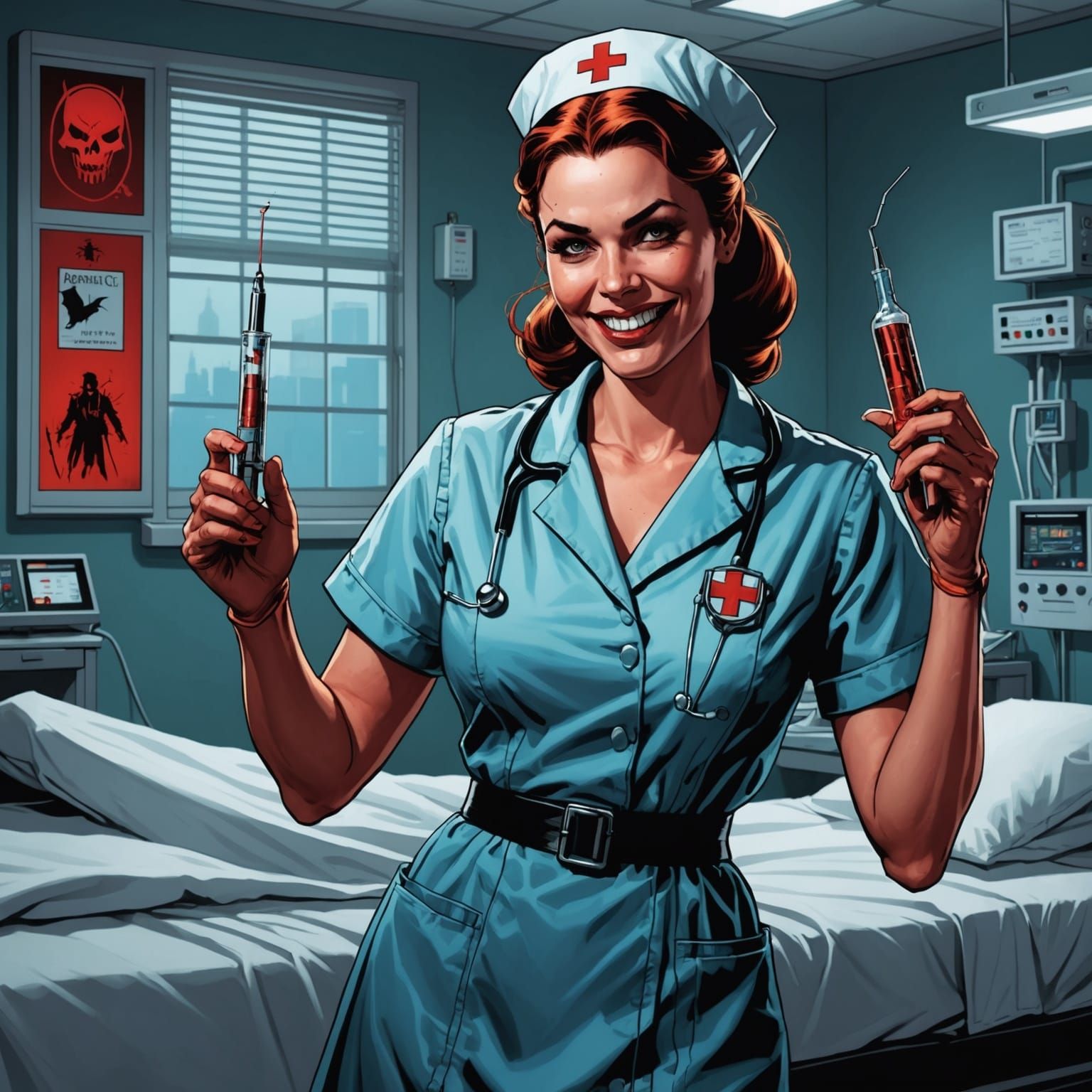 Horror Nurse with Syringe in Comic Book Art