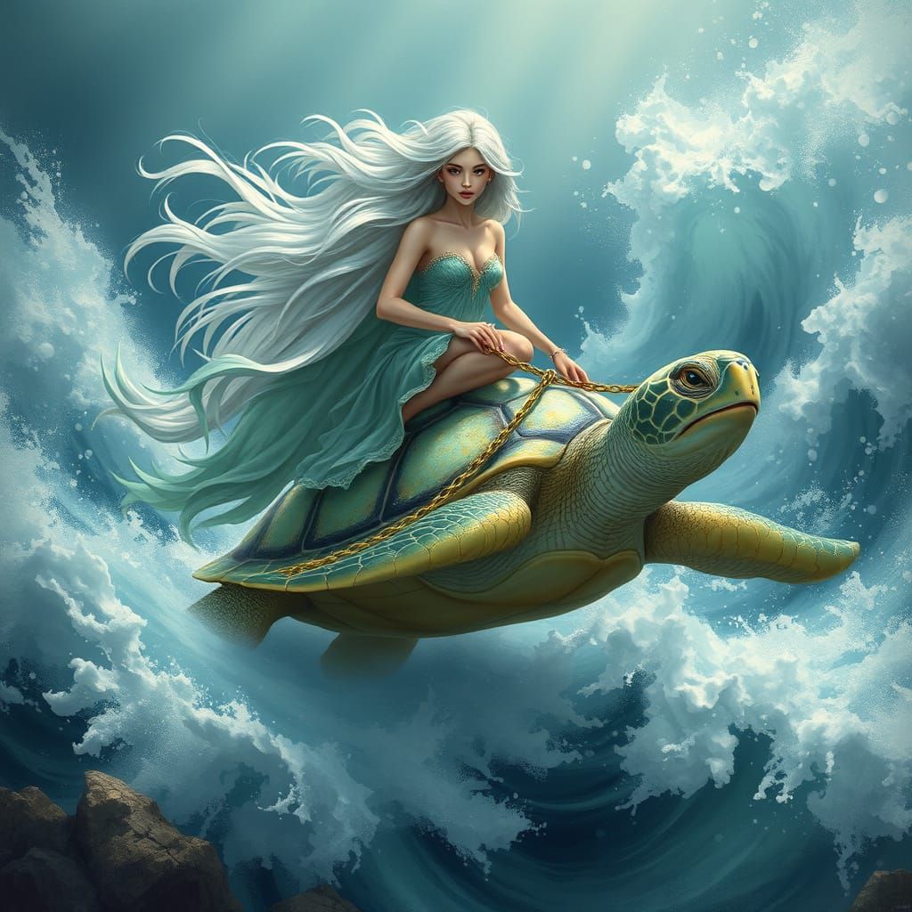 Nymph Rides Sea Turtle Over Atlantis Ruins