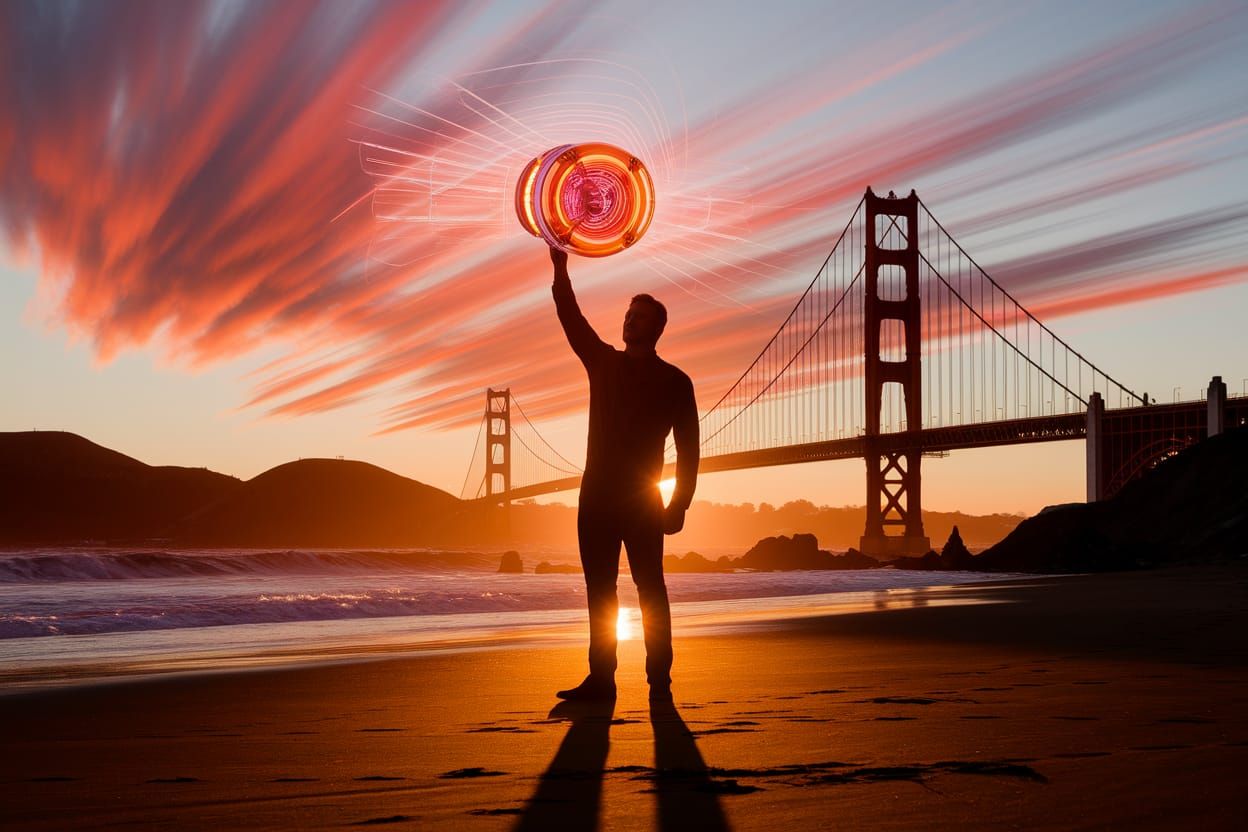 Inventor with Glowing Device at Sunset