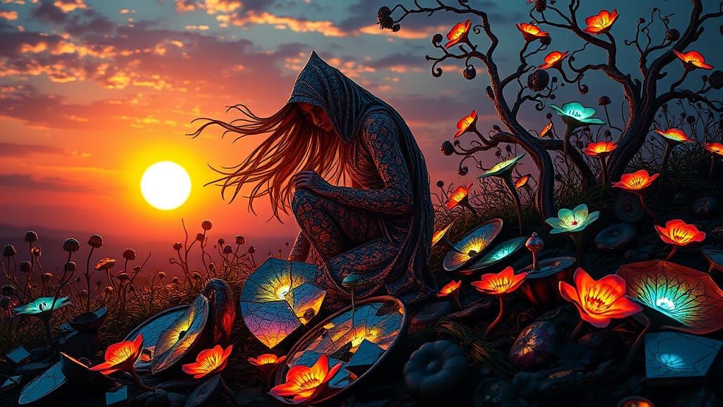 Surreal Woman Finds Strength in Shattered Mirrors Amidst Vib...