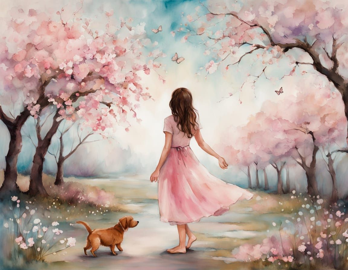 Child and Puppy in Spring Orchard, Alcohol Ink Art