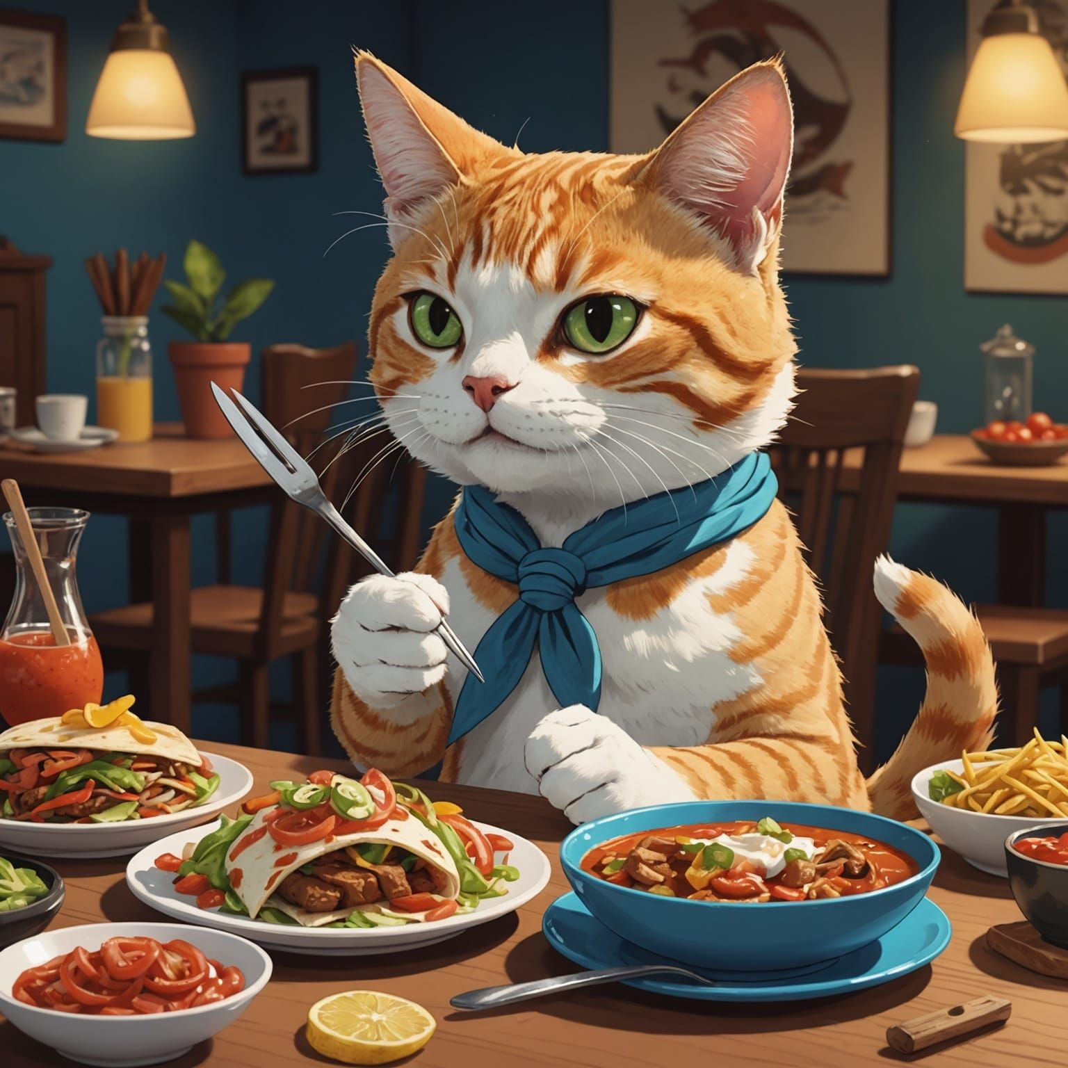 Cat Eats Fajitas with Shark Dessert in Anime Style