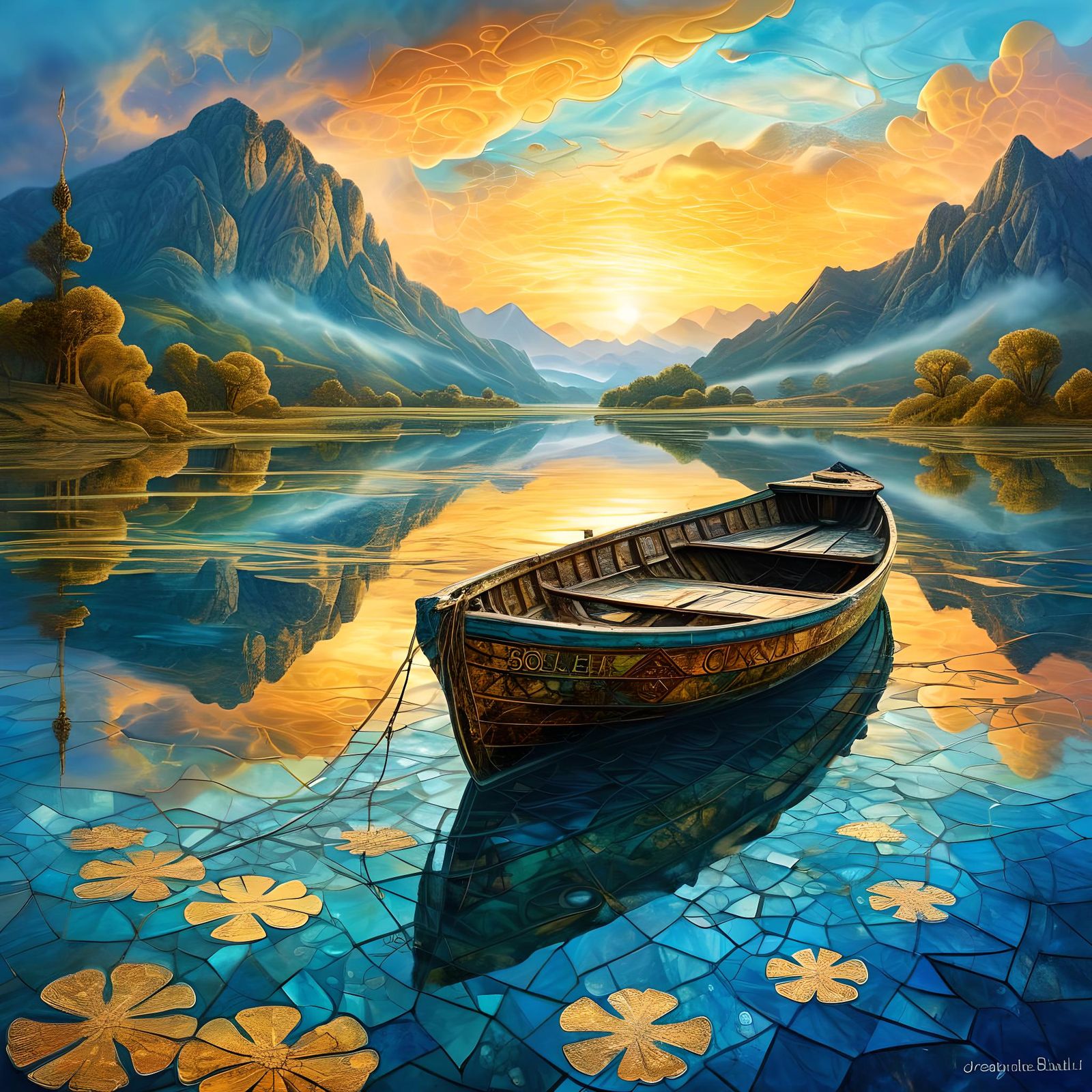 Pond Boat Double Exposure Art in Fantasy Style