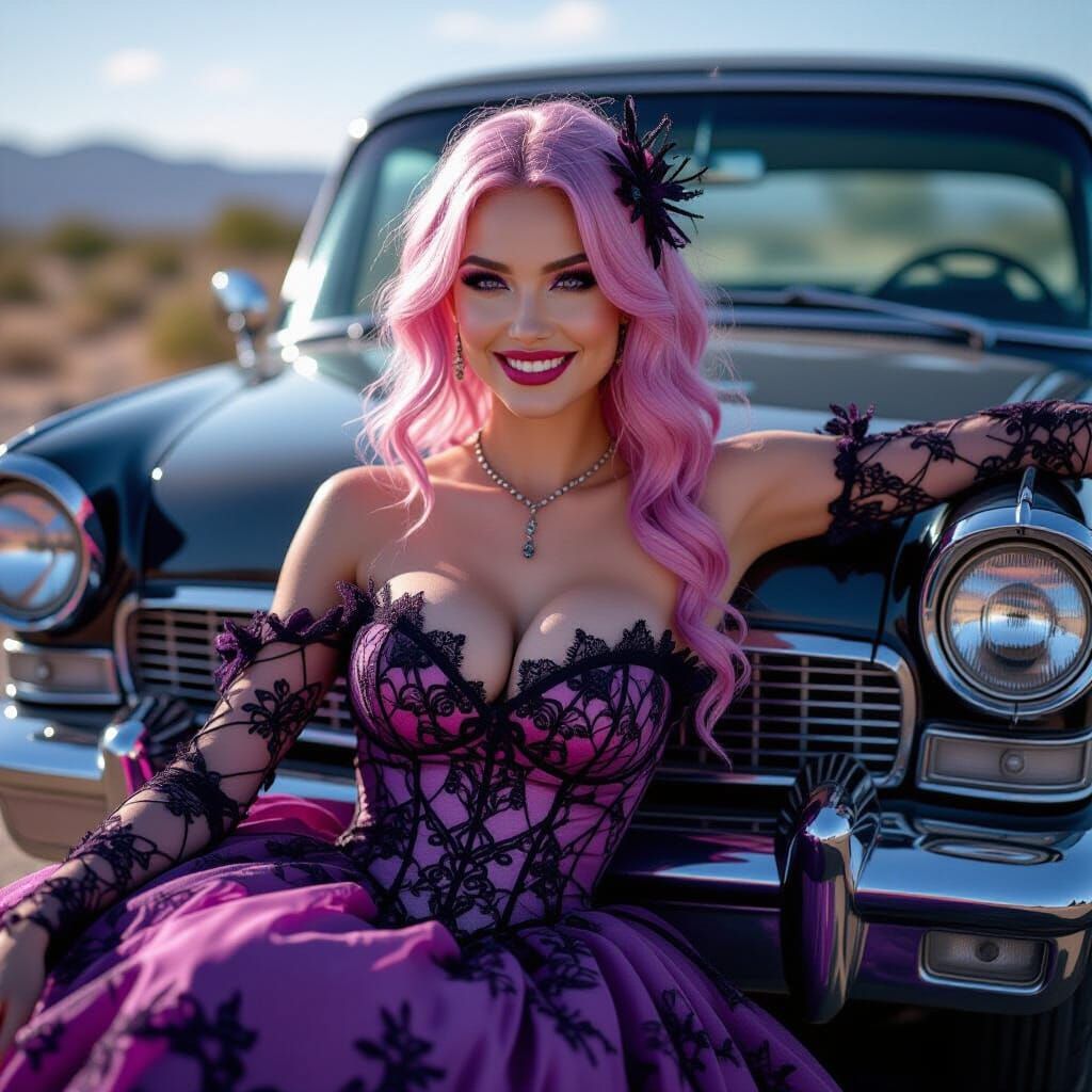 Pink Haired Woman In Lace Gown Leans On Hearse